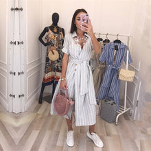 Load image into Gallery viewer, MVGIRLRU Women Summer Striped Loose Dress V Neck Buttons Long Dress Casual Short Sleeve Belted Dresses