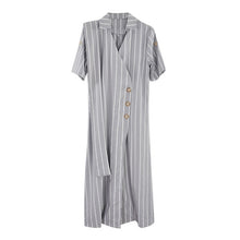 Load image into Gallery viewer, MVGIRLRU Women Summer Striped Loose Dress V Neck Buttons Long Dress Casual Short Sleeve Belted Dresses