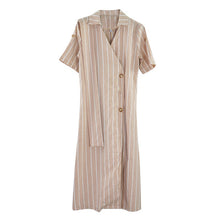 Load image into Gallery viewer, MVGIRLRU Women Summer Striped Loose Dress V Neck Buttons Long Dress Casual Short Sleeve Belted Dresses