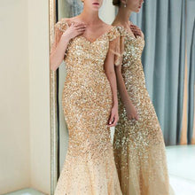 Load image into Gallery viewer, 2019 New Women Sexy Showback Sexy party elegant deresses Deep V Sleeveless Neckless Long maxi gold Dress vestidos