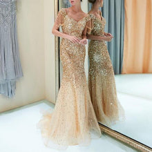Load image into Gallery viewer, 2019 New Women Sexy Showback Sexy party elegant deresses Deep V Sleeveless Neckless Long maxi gold Dress vestidos